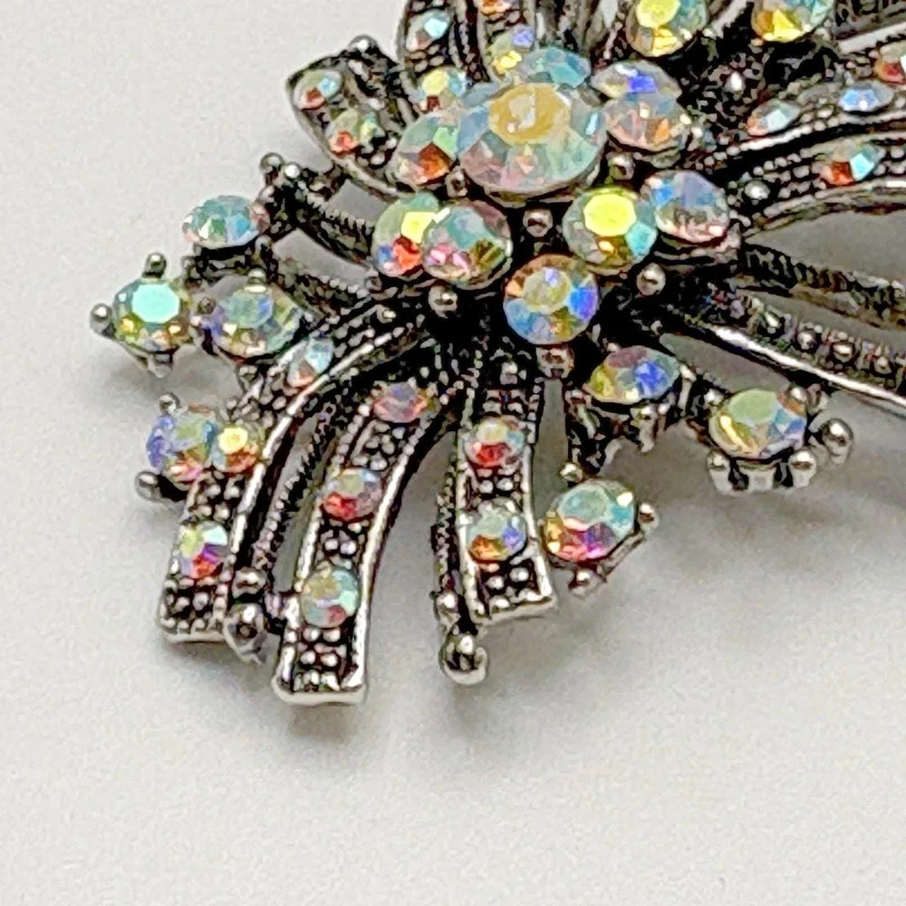 Vintage AB Brooch Silver Tone Oxidized Bow Ribbon Large Retro Pin Pendant